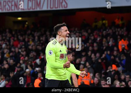 Callum Robinson, le buteur irlandais de Sheffield United né en Angleterre, célèbre après que le milieu de terrain écossais de Sheffield United John Fleck (unot in Picture) ait marqué le but égalisateur lors du match de la Premier League entre Arsenal FC et Sheffield United au stade Emirates de 18 janvier 2020 à Londres, au Royaume-Uni. (Photo par MI News/NurPhoto) Banque D'Images