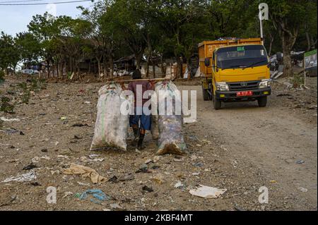 Un éliminateur transporte les déchets de plastique qui ont été collectés pour recyclage à la décharge de Kawatuna, à Palu, dans le centre de Sulawesi, en Indonésie, sur 22 janvier 2020. Le potentiel économique pour le recyclage des déchets de plastique est énorme car, d'après les résultats d'un audit environnemental réalisé par Greenpeace en 2019, seulement 9 % des déchets de plastique sont recyclés, 12 pour cent sont brûlés et 79 pour cent finissent dans les décharges et les cours d'eau comme les rivières qui se jettent dans l'océan. L'Indonésie est le deuxième plus grand producteur de déchets au monde après la Chine. (Photo de Basri Marzuki/NurPhoto) Banque D'Images