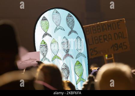 Le mouvement sarde, qui dans toute l'Italie proteste contre l'ancien ministre Matteo Salvini, proteste sur la place Libero Grassi à 23 janvier 2020 à Bibbiano, en Italie. (Photo par Emmanuele Ciancaglini/NurPhoto) Banque D'Images