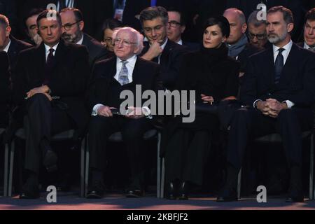 Président de la Slovénie, Borut Pahor, président de l'Irlande, Michael D. Higgins, Letizia d'Espagne et Felipe VI d'Espagne, vu lors de la cérémonie officielle marquant le 75th anniversaire de la libération de l'ancien camp de concentration et d'extermination nazi-allemand Auschwitz II - Birkenau. Lundi, 27 janvier 2020, au camp de concentration d'Auschwitz II-Birkenau, Oswiecim, Pologne. (Photo par Artur Widak/NurPhoto) Banque D'Images