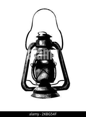 Gravure d'une lampe à gaz. Illustration réaliste d'une lampe à gaz. Dessin noir et blanc Banque D'Images