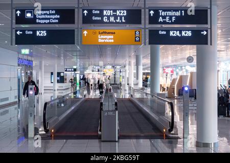 Intérieur du terminal 2 et de la zone K Gates de l'aéroport de Munich, Flughafen Munchen - Franz Josef Strauss - MUC EDDM aéroport international de la capitale de la Bavière en Allemagne, les 8th plus occupés en Europe, gérant 47,9 millions de passagers en 2019. L'aéroport est un centre pour Lufthansa. Le 26 janvier 2020 à Munich, Allemagne. (Photo de Nicolas Economou/NurPhoto) Banque D'Images