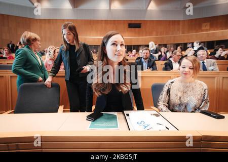 La ministre de la Justice, Anna-Maja Henriksson, la ministre de l'éducation, Li Andersson, la première ministre, Sanna Marin, et la ministre des Finances, Katri Kulmuni, lors d'une réunion conjointe sur le climat des partis gouvernementaux à Helsinki, en Finlande, sur le 3 février 2020. (Photo par Antti Yrjonen/NurPhoto) Banque D'Images