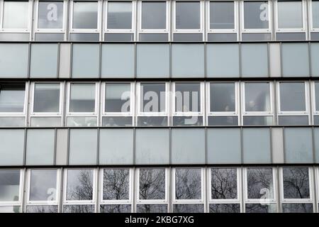 Les employés observent l'action pendant l'occupation de l'Office fédéral de l'économie et du contrôle des exportations sur 4 février 2020 à Eschborn. Des militants de gauche ont bloqué les entrées du bâtiment à l'intérieur et devant le bâtiment pour protester contre la guerre et les exportations d'armes. Le bureau est devenu la cible de l'action de protestation parce qu'il est responsable de la délivrance de licences pour le matériel militaire. (Photo de Peter Niedung/NurPhoto) Banque D'Images