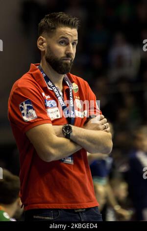 Bennett Wiegert, entraîneur-chef de SC Magdeburg gestes pendant le LIQUI MOLY HBL entre SC Magdebourg et TSV Hannover-Burgdorf à la GeTEC-Arena sur 06 février 2020 à Magdebourg, Allemagne. (Photo de Peter Niedung/NurPhoto) Banque D'Images