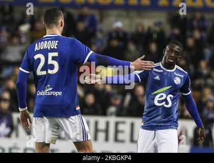ludovic Ajorque et Zohi Lucien, lors du match de football français L1 entre Strasbourg (RCSA) et Reims (SR), sur 9 février , 2020 au stade Meinau (photo d'Elyxandro Cegarra/NurPhoto) Banque D'Images