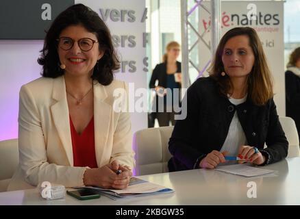 Valérie Oppelt (LaRem) et Éléonore Revel (rassemblement national) candidats à la mairie de Nantes (France) pour les élections municipales de 15 mars et 22, 2020. Photo prise sur 12 février 2020 lors du débat organisé par les médias locaux. (Photo par Estelle Ruiz/NurPhoto) Banque D'Images