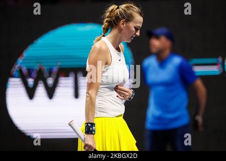 Petra Kvitova de la République tchèque réagit lors de son WTA Saint-Pétersbourg Ladies Trophée 2020 Tournoi de tennis Round of 16 match contre Alison Van Uytvanck de Belgique sur 13 février 2020 à Saint-Pétersbourg, Russie. (Photo de Mike Kireev/NurPhoto) Banque D'Images