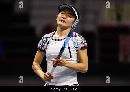 Shuko Ayoama du Japon réagit lors de son double quart de finale match avec la partenaire Ena Shibahara (non vu) contre Anastasia Potapova de Russie et Yulia Putintseva du Kazakhstan à 2020 WTA St Petersburg Tournoi de tennis Trophée Ladies sur 13 février 2020 à Saint Petersbourg, Russie. (Photo de Mike Kireev/NurPhoto) Banque D'Images