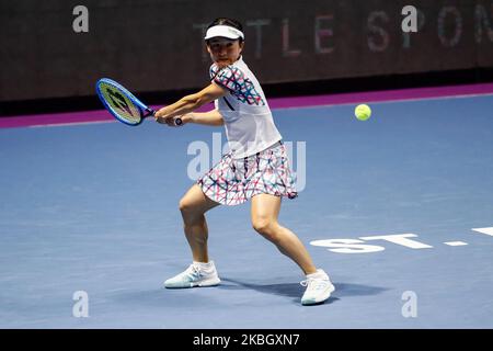 Shuko Ayoama du Japon retourne le ballon lors de son match de quart de finale de femmes avec la partenaire Ena Shibahara (non vu) contre Anastasia Potapova de Russie et Yulia Putintseva du Kazakhstan à 2020 WTA St Petersburg Ladies Trophy Tournoi de tennis sur 13 février 2020 à Saint Petersbourg, Russie. (Photo de Mike Kireev/NurPhoto) Banque D'Images