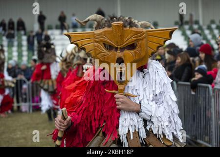 4th Festival de jeux de mascarade à Elin Pelin, Bulgarie, 15 février 2020. Les participants dansent avec des costumes faits de peau d'animal, cloches et masques, pour chasser les mauvais esprits et attirer la fertilité. (Photo de Hristo Vladev/NurPhoto) Banque D'Images