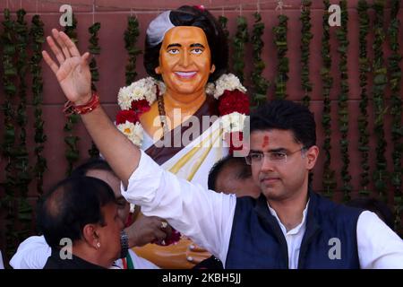 Le sous-ministre du Rajasthan, Sachin Pilot, au cours d'un événement visant à dévoiler la statue de l'ancien Premier ministre Indira Gandhi, à Ajmer, Rajasthan, en Inde, le 17 février 2020. (Photo par STR/NurPhoto) Banque D'Images