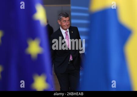 Le Premier ministre de la République tchèque, Andrej Babis, arrive dans le bâtiment Forum Europa et a un point de presse et de presse à deux pas au cours de la deuxième journée d'un Conseil européen spécial, d'un sommet DE L'EURO, des dirigeants de l'UE à Bruxelles, La Belgique au sujet de l'avenir du prochain budget à long terme de l'Union européenne (UE). 21 février 2020 (photo de Nicolas Economou/NurPhoto) Banque D'Images