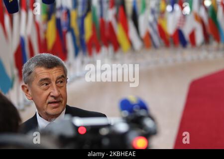 Le Premier ministre de la République tchèque, Andrej Babis, arrive dans le bâtiment Forum Europa et a un point de presse et de presse à deux pas au cours de la deuxième journée d'un Conseil européen spécial, d'un sommet DE L'EURO, des dirigeants de l'UE à Bruxelles, La Belgique au sujet de l'avenir du prochain budget à long terme de l'Union européenne (UE). 21 février 2020 (photo de Nicolas Economou/NurPhoto) Banque D'Images