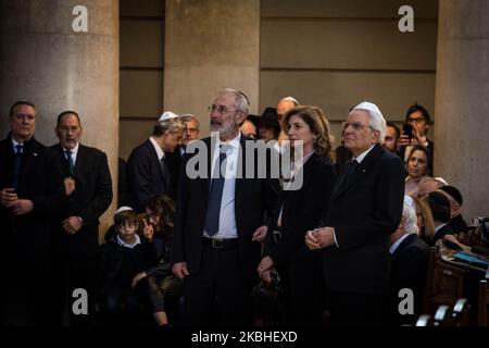 Sergio Mattarella,Laura Mattarella,Riccardo Shmuel Di Segni avec la communauté juive de Rome au temple principal, sur 21 février 2020 à Rome, Italie (photo par Andrea Ronchini/NurPhoto) Banque D'Images