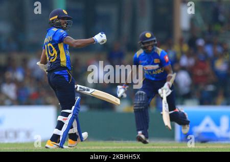 Le cricketer sri lankais Wanindu Hasaranga célèbre après avoir remporté les courses lors du match international de cricket d'une journée 1st entre le Sri Lanka et les Antilles au terrain de cricket international de la SSC, Colombo, Sri Lanka. Samedi 22 février 2020 (photo de Thharaka Basnayaka/NurPhoto) Banque D'Images