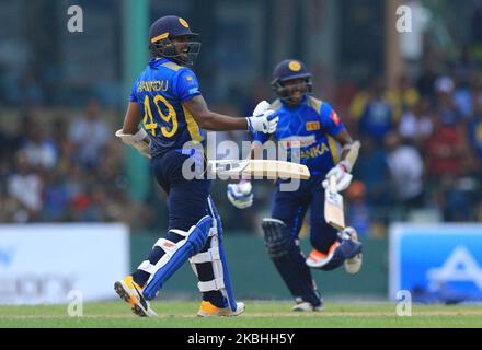 Le cricketer sri lankais Wanindu Hasaranga célèbre après avoir remporté les courses lors du match international de cricket d'une journée 1st entre le Sri Lanka et les Antilles au terrain de cricket international de la SSC, Colombo, Sri Lanka. Samedi 22 février 2020 (photo de Thharaka Basnayaka/NurPhoto) Banque D'Images