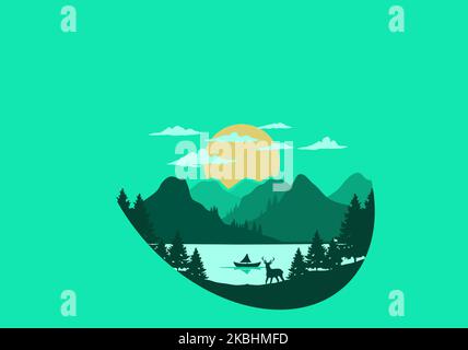 Paysage de la montagne vue derrière le lac avec beaucoup de pins et une illustration de cerf Illustration de Vecteur