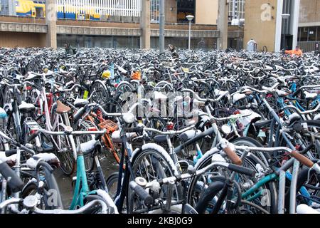 Les Hollandais à vélo, à vélo après la chute de neige dans le froid. Piles de milliers de bicyclettes garées à l'extérieur de la gare centrale d'Eindhoven Centraal. Images de la vie quotidienne du centre-ville après la chute de neige dans la ville d'Eindhoven sur 26 février 2020. La première neige pour l'hiver 2019-2020 avec de basses températures pour la région suivie d'une légère pluie. (Photo de Nicolas Economou/NurPhoto) Banque D'Images