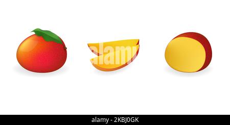 Mangues rouges mûres, entières, coupées en deux et coupées en tranches de fruits Illustration de Vecteur