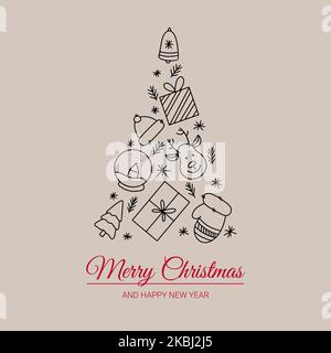 texte joyeux noël et joyeux arbre de noël de la nouvelle année en symboles de noël dessinés à la main Illustration de Vecteur