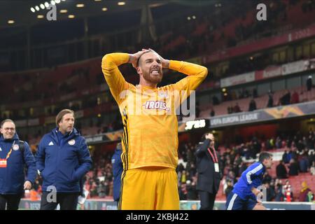 Le gardien de but José sa de l'Olympiacos FC réagit lors de l'Europa League Round of 32 2nd Leg entre Arsenal et Olympiakos au stade Emirates, Londres, Angleterre, le 27 février 2020. (Photo par MI News/NurPhoto) Banque D'Images