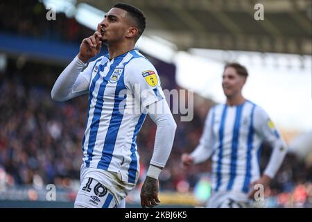 Karlan Grant de Huddersfield Town célèbre son but lors du match de championnat Sky Bet entre Huddersfield Town et Charlton Athletic au stade John Smith, Huddersfield, le samedi 29th février 2020. (Photo par Emily Moorby/MI News/NurPhoto) Banque D'Images