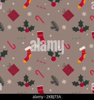 Motif de Noël chaussettes flocons de neige cadeau baies de Noël et bonbons Illustration de Vecteur
