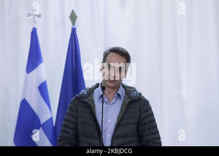 Le Premier ministre grec Kyriakos Mitsotakis arrive pour une conférence de presse à Kastanies, à la frontière entre la Grèce et la Turquie, à 3 mars 2020, dans le contexte d’une vague de migration en provenance de la Turquie voisine. Le gouvernement turc a décidé de donner libre circulation aux réfugiés et aux migrants afin d'atteindre l'Europe par la Grèce. (Photo par Achilleas Chiras/NurPhoto) Banque D'Images