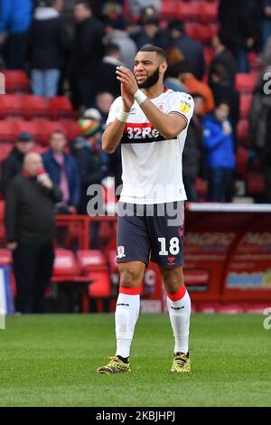 Harold Moukoudi applaudit les fans lors du match de championnat Sky Bet entre Charlton Athletic et Middlesbrough à la Valley, Londres, le samedi 7th mars 2020. (Photo par MI News/NurPhoto) Banque D'Images