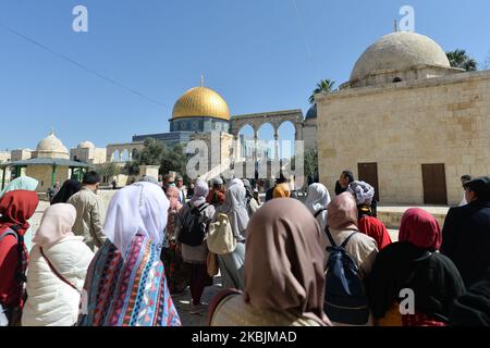 Touristes et pèlerins vus à l'extérieur de la mosquée du Dôme de la Roche, dans le complexe des mosquées d'Al-Aqsa, dans la vieille ville de Jérusalem. Avec 29 Israéliens et 19 Palestiniens testés positifs pour le coronavirus jusqu'à présent et des milliers placés en isolement, Israël a fermé la frontière terrestre avec l'Égypte dimanche après-midi, en raison du coronavirus. Dimanche, 8 mars 2020, à Jérusalem, Israël. (Photo par Artur Widak/NurPhoto) Banque D'Images