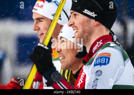 Akito Watabe remporte le concours masculin Gundersen LH/10,0km de la coupe du monde combiné Nordiic FIS à Lahti, en Finlande, sur 1 mars 2020. Joergen Graabak prend la deuxième place. Vinzenz Geiger prend la troisième place. (Photo par Antti Yrjonen/NurPhoto) Banque D'Images