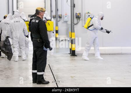 Des membres de l'UME (unité d'urgence militaire) de l'armée espagnole désinfectent les installations du port de Barcelone dans le cadre de la crise du coronavirus COVID-19 à Barcelone, en Catalogne, en Espagne, sur 20 mars 2020 (photo de Miquel Llop/NurPhoto) Banque D'Images