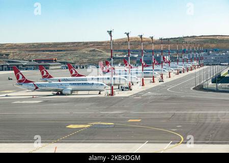 Une flotte d'avions Tk Turkish Airlines au sol se trouve sur le tarmac à l'aéroport TSI LTFM d'Istanbul sur 18 mars 2020 à Istanbul, en Turquie comme un impact, Un effet secondaire de la pandémie du coronavirus COVID-19 qui s'est propagée à au moins 186 pays et les gouvernements ont mis en place des restrictions de voyage spécialement dans l'aviation. Parmi les avions, le premier a l'enregistrement TC-LYA et il y a TC-LCC qui ont déjà été mis à la terre comme ces avions sont Boeing 737 MAX 8. (Photo de Nicolas Economou/NurPhoto) Banque D'Images