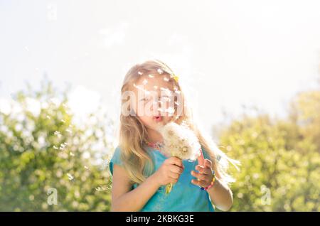 belle fille avec les yeux fermés et les cheveux blonds soufflants de fleurs blanches pissenlit Banque D'Images