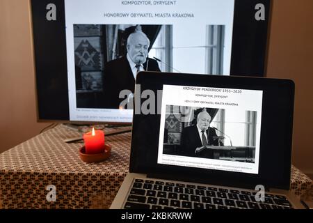 Image d'un compositeur et chef d'orchestre polonais Krzysztof Penderecki sur la page d'information de la ville de Cracovie sur une version électronique d'un livre de condoléances. Krzysztof Penderecki est mort dimanche après une longue et grave maladie. Il avait 86 ans. Quiconque veut dire Au revoir au compositeur décédé peut signer le livre électronique des condoléances préparé par la ville de Cracovie. Les inscriptions doivent être envoyées à magiczny.krakow@um.krakow.pl. Mardi, 31 mars 2020, Cracovie, Pologne. (Photo par Artur Widak/NurPhoto) Banque D'Images