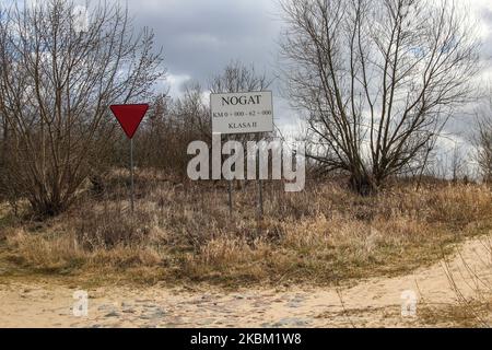 La rivière Nogat près de l'historique, construit en 1852 crue damn est vu à Biala Gora, Pologne le 4 avril 2020 la damn a été construite après le changement de cours de la rivière Nogat, et l'endroit où la rivière Nogat coule dans la Vistule (Wisla). (Photo de Michal Fludra/NurPhoto) Banque D'Images