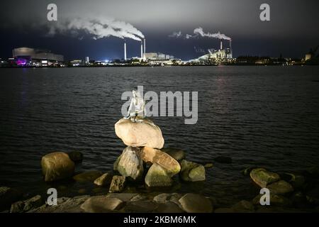 Vue nocturne de la célèbre sculpture en bronze la petite statue de la Sirène à Copenhague, Danemark sur 7 février 2020. (Photo de Maxym Marusenko/NurPhoto) Banque D'Images