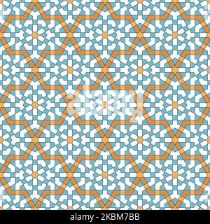 Décoration géométrique sans couture basée sur l'art islamique traditionnel. Bleu, couleurs orange. Excellent design pour le tissu, le textile, la couverture, le papier d'emballage, l'arrière-plan. Illustration de Vecteur