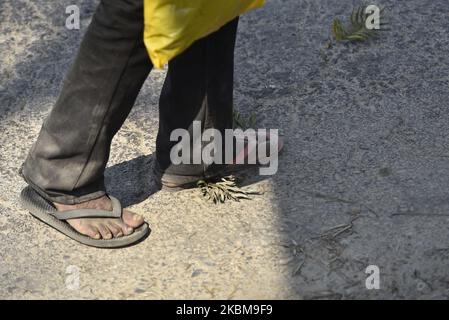 Un homme marche vers la maison dans des sandales à Dhulikhel, Kavrepalanchok, Népal vendredi, 10 avril 2020. Les habitants de Dhulikhel et les jeunes ont fourni gratuitement des chaussures et des aliments, y compris du riz battu (chiura), des collations sèches (dalmoth), des nouilles, des biscuits, des masques, Solution de réhydratation orale (SRO) et eau potable pour les personnes marchant vers leur maison à pied pendant le confinement imposé par le gouvernement pour minimiser les risques de Covid-19. Les locaux ont également géré des autobus et des camions, entre autres, pour transporter les gens qui veulent partir pour leurs maisons. Jusqu'à aujourd'hui, plus de centaines de personnes se sont démis vers leurs maisons tôt dans t Banque D'Images