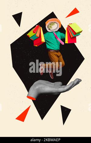 Image de collage vertical de la main noire blanche sautant la paume mini gars sushi roll au lieu de la tête tenir les sacs isolés sur fond créatif Banque D'Images