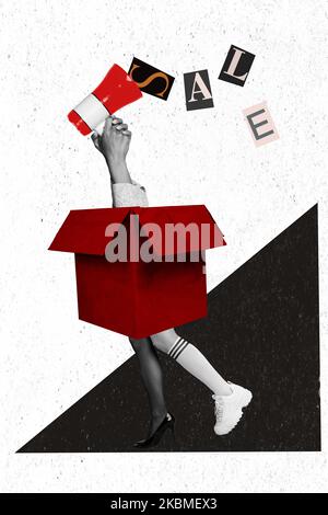 Image de collage vertical de boîte paquet fille jambes bras tenir haut-parleur à l'intérieur solde annonce limitée offre isolée sur fond créatif Banque D'Images