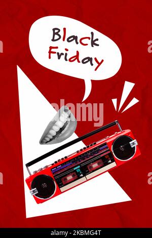 Montage vertical de boombox vintage parlant bouche souriante noir blanc couleurs noir vendredi offre spéciale isolée sur fond créatif Banque D'Images