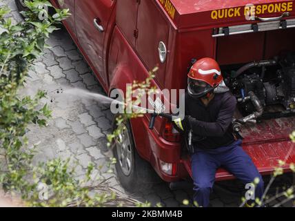 Un désinfectant d'incendie en aérosol dans une zone résidentielle, pendant le confinement national pour freiner la propagation du coronavirus, à Guwahati, Assam, Inde lundi, 20 avril, 2020. (Photo de David Talukdar/NurPhoto) Banque D'Images