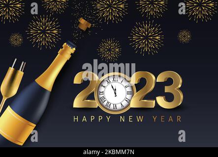 Bonne année 2023 bouteille de champagne dorée ouverte. Carte de vœux ou élégante invitation à une fête de Noël. Illustration vectorielle Illustration de Vecteur