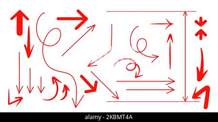 Méga jeu de différentes flèches rouges dessinées à la main, encre, style de pinceau, sur blanc Banque D'Images