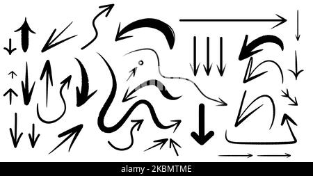 Méga jeu de différentes flèches dessinées à la main, encre, style de pinceau, sur blanc Banque D'Images