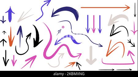 Méga jeu de différentes flèches dessinées à la main, encre, peinture, styles de pinceau, isolé Illustration de Vecteur