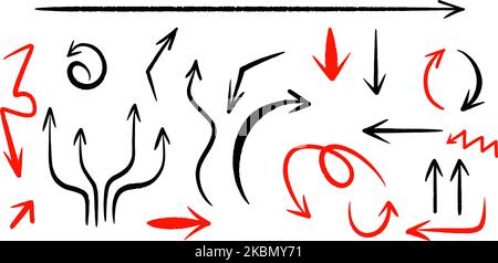 Méga jeu de différentes flèches rouges et noires dessinées à la main, encre, style de pinceau, sur blanc Illustration de Vecteur