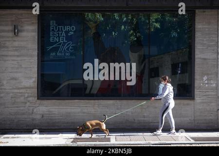 Une femme marche son chien devant un panneau qui dit "l'avenir est dans l'air" à Palerme dans les environs de Buenos Aires, en Argentine sur 30 avril 2020. Les rues de la ville de Buenos Aires sont vides et la plupart des magasins sont fermés en raison de la quarantaine COVID-19. (Photo de Carol Smiljan/NurPhoto) Banque D'Images